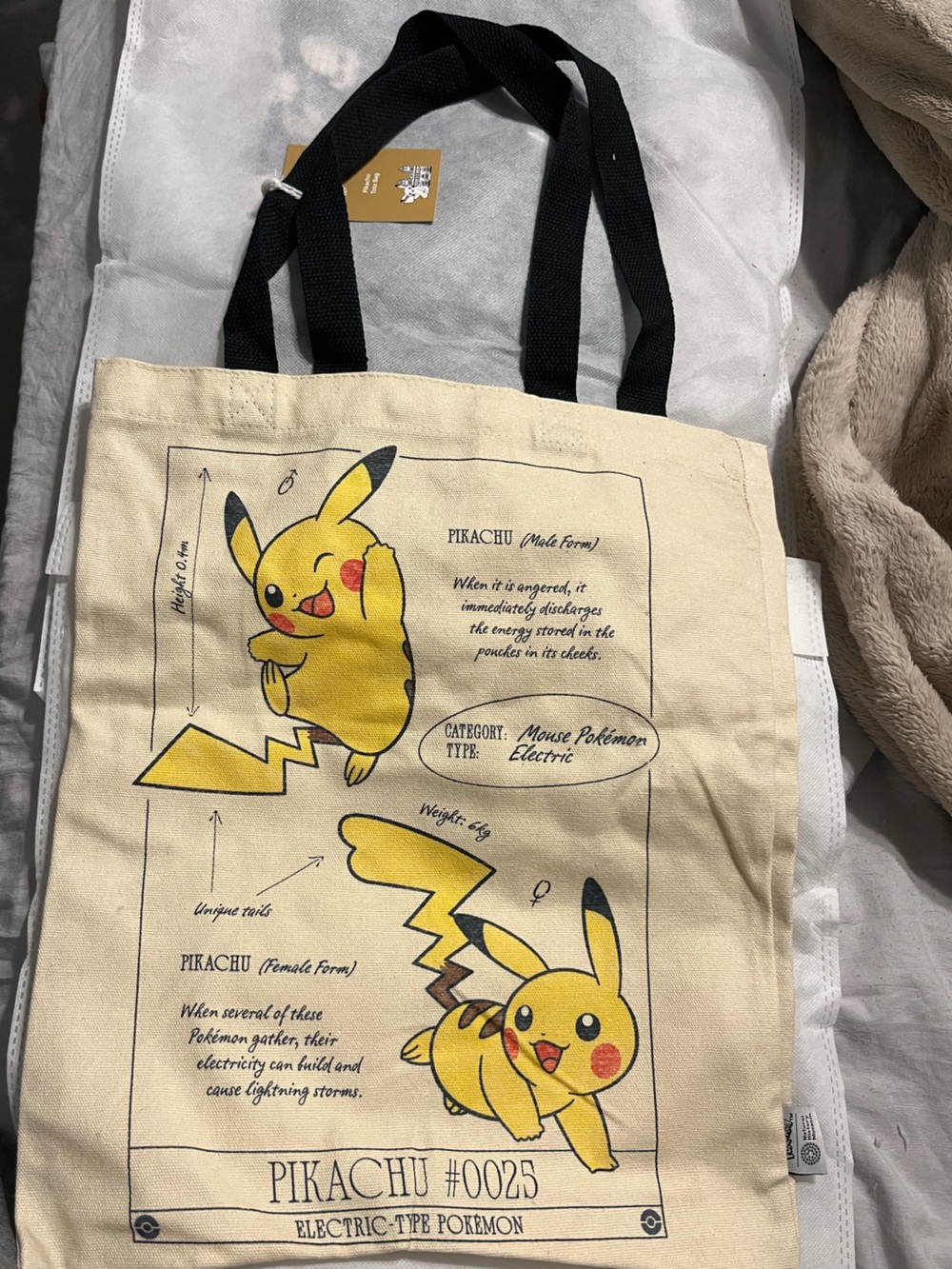 Pokemon Natural History Museum Pikachu Canvas Tote Bag in Cream and Black NWT